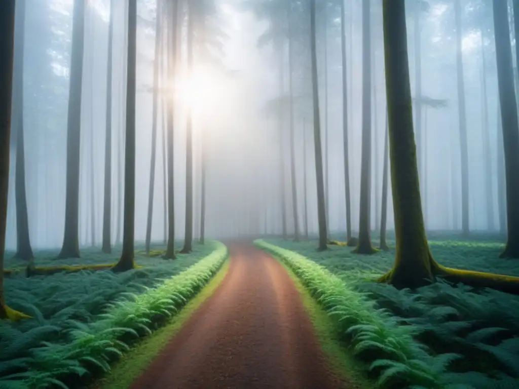 Un bosque verde exuberante iluminado por el sol, proyectando sombras suaves en el suelo