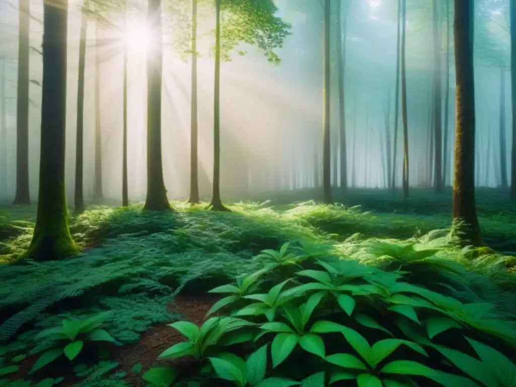 Un bosque verde exuberante iluminado por el sol, reflejando sombras en el suelo