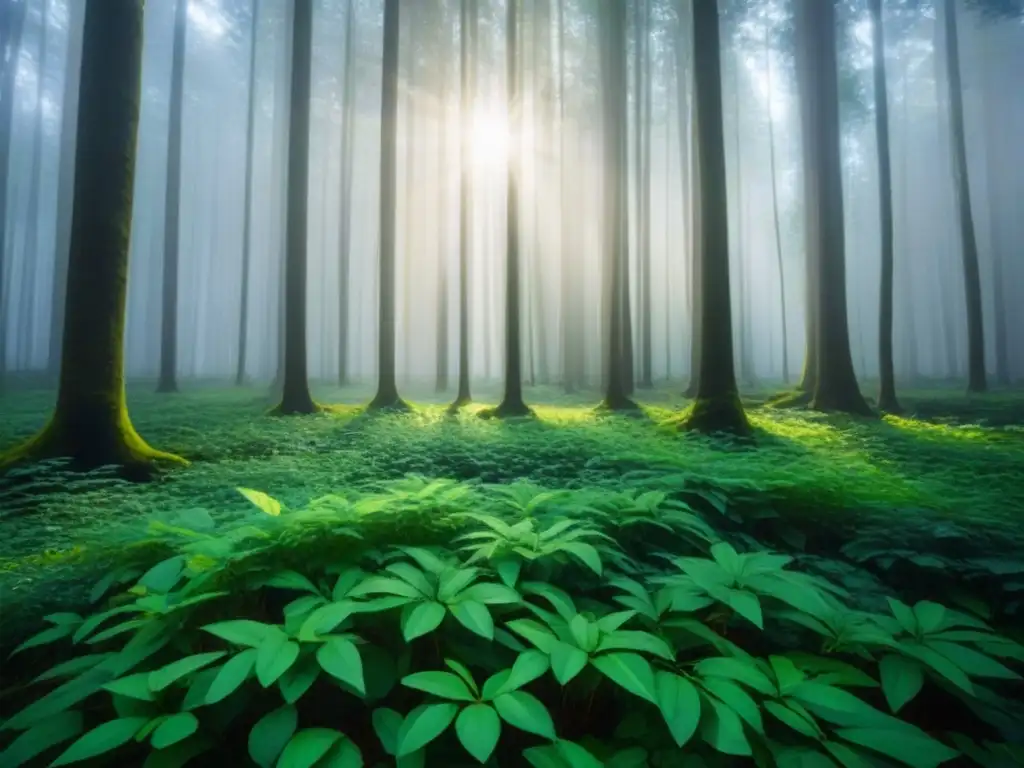 Un bosque verde exuberante iluminado por el sol, proyectando sombras en el suelo