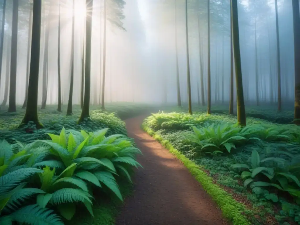 Un bosque verde exuberante iluminado por el sol, transmitiendo crecimiento y armonía con la naturaleza