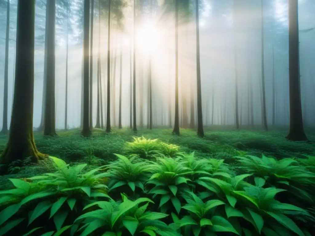 Bosque verde: belleza natural y cambio climático Un bosque verde exuberante iluminado por el sol, resaltando la importancia de conservar el entorno ante amenazas sanitarias por cambio climático