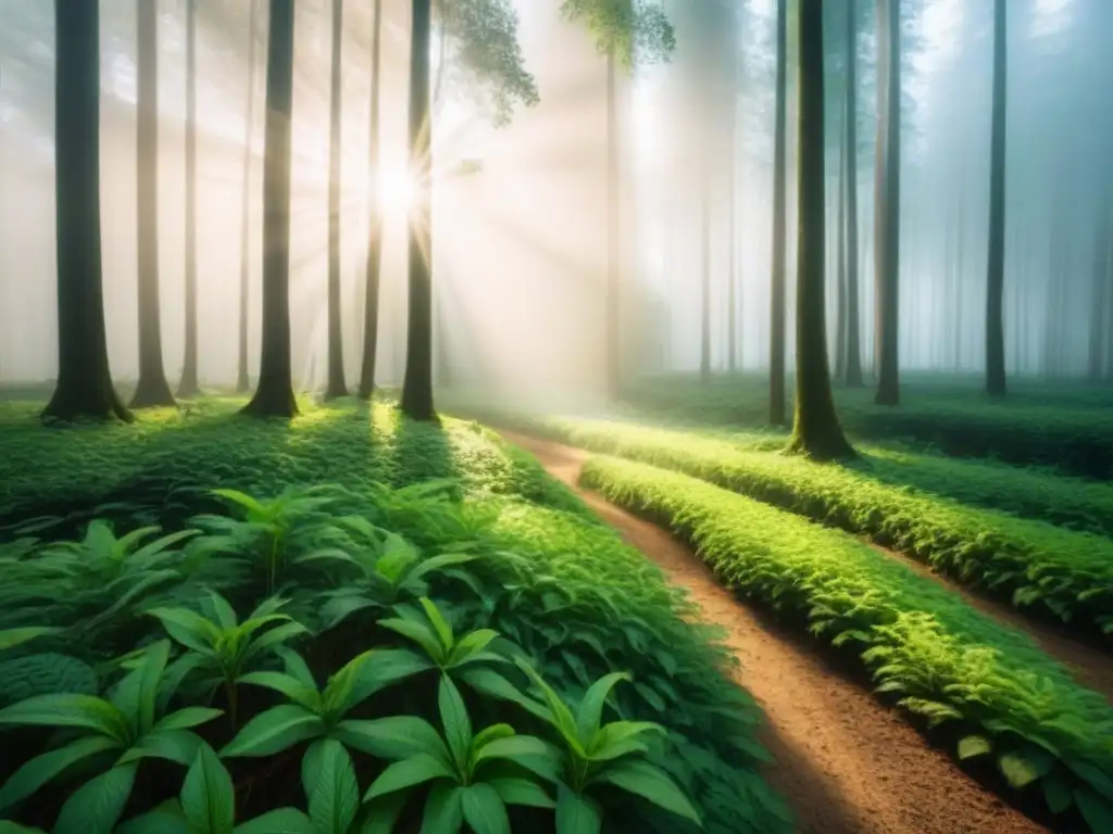 Un bosque verde exuberante iluminado por suave luz solar, transmitiendo armonía y belleza natural