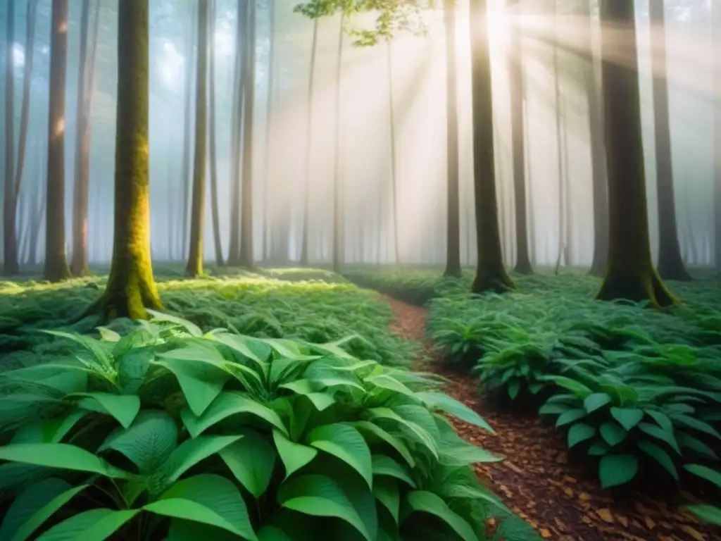 Bosque verde exuberante iluminado por el sol, reflejando armonía y equilibrio en la moda sostenible cambio climático