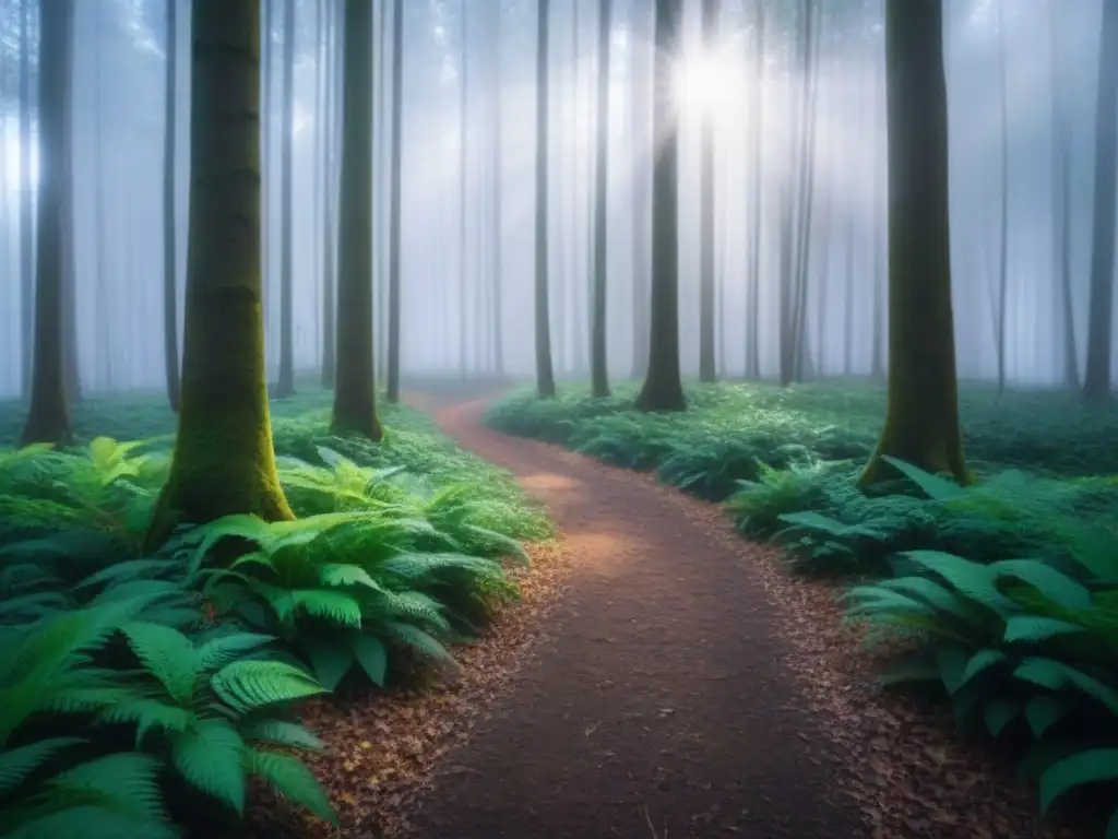 Un bosque verde exuberante iluminado por el sol, transmitiendo tranquilidad y armonía