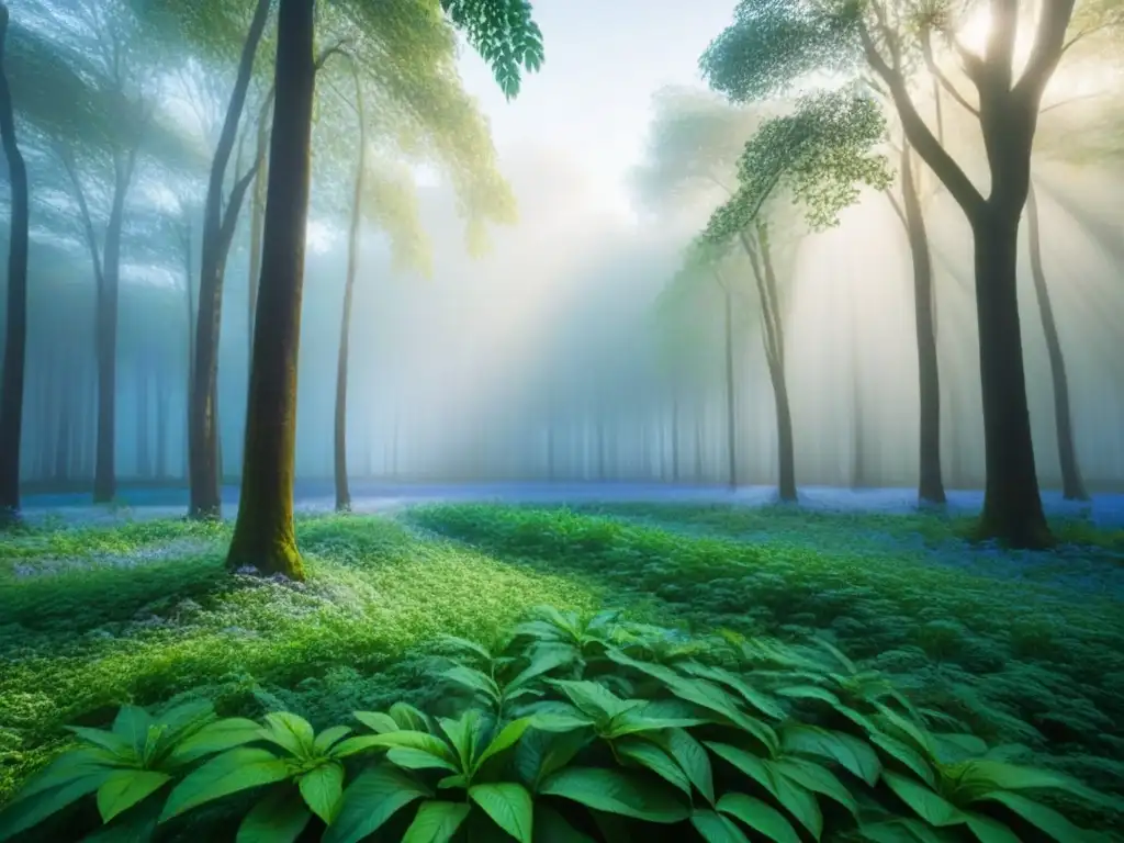 Un bosque verde exuberante iluminado por el sol, contrastando con el cielo azul