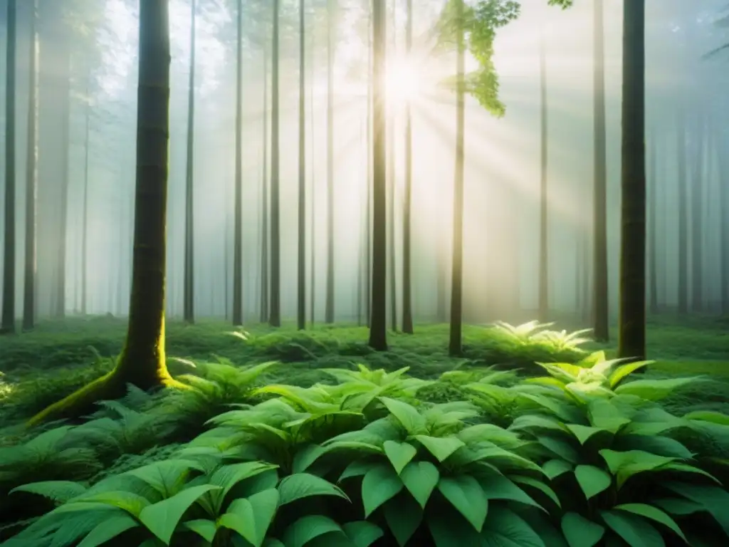 Un bosque verde exuberante iluminado por el sol, simbolizando la sostenibilidad y armonía con la naturaleza