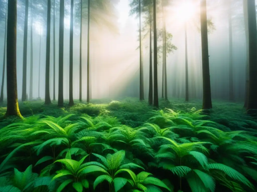 Un bosque verde exuberante iluminado por el sol, resaltando la belleza de la naturaleza en Alternativas sostenibles jeans impacto ambiental