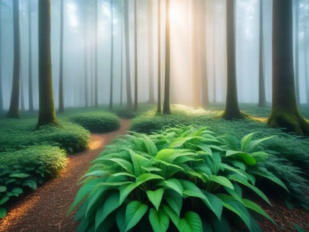 Un bosque verde exuberante iluminado por el sol, proyectando sombras suaves en el suelo