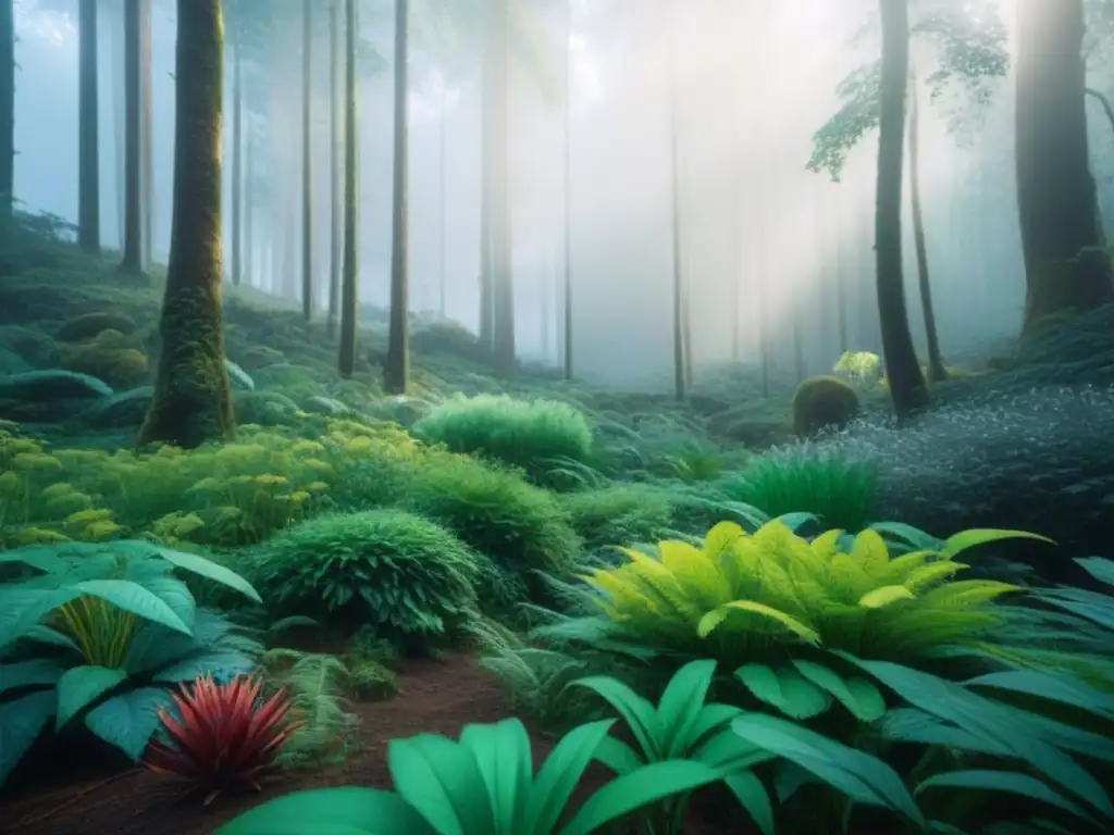 Biodiversidad en un bosque verde exuberante, resaltando el impacto del desperdicio de energía en la armonía natural