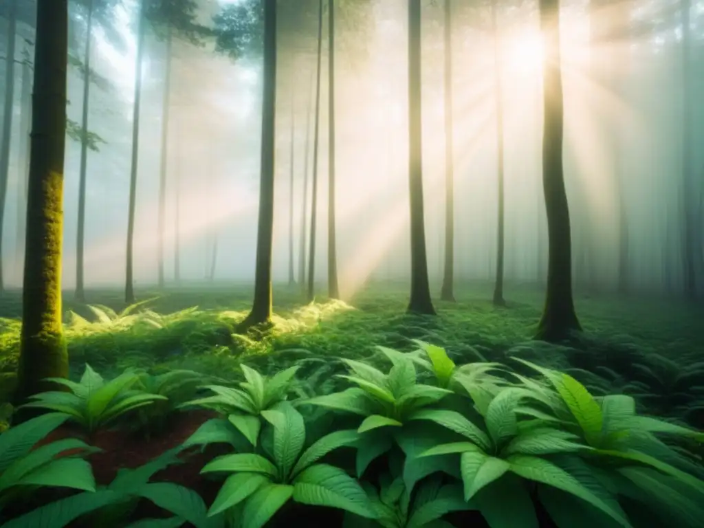 Bosque verde exuberante con luz solar entre hojas, reflejando la belleza y tranquilidad de la naturaleza en un ecosistema sostenible