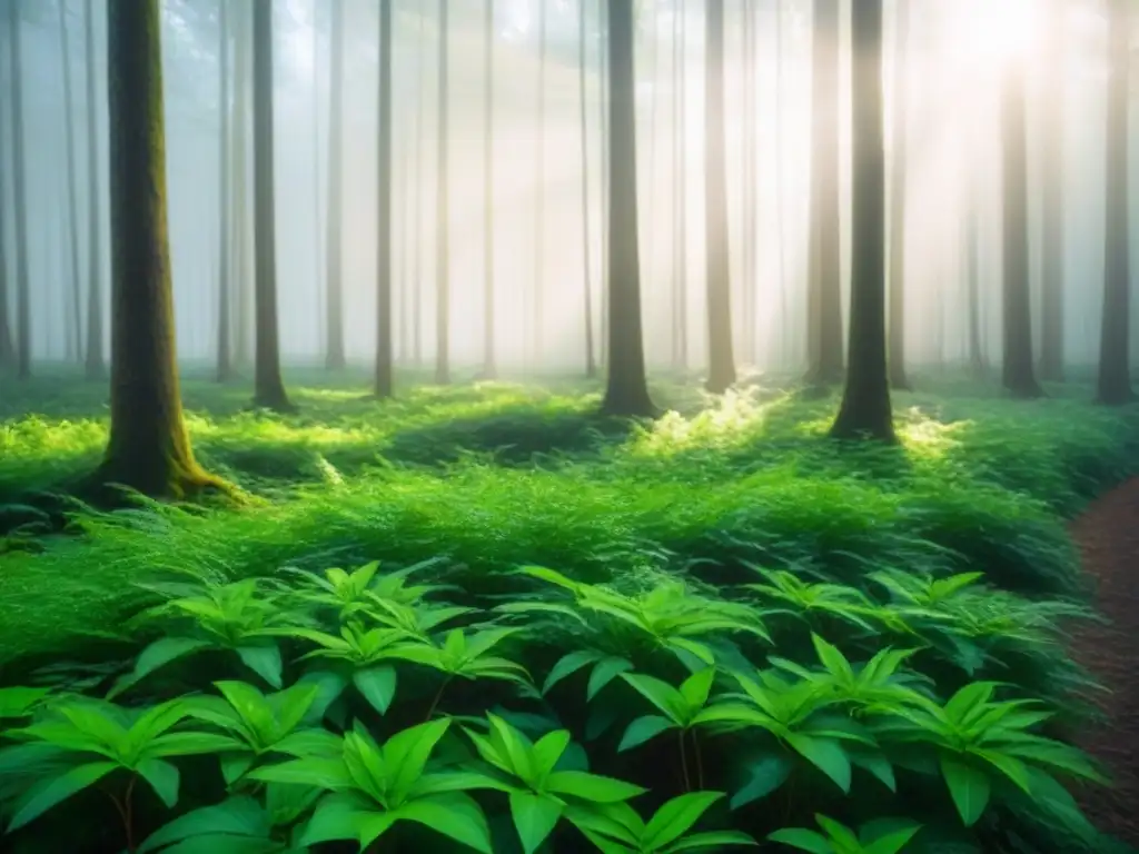 Un bosque verde exuberante con luz solar filtrándose entre las hojas, creando sombras moteadas en el suelo del bosque