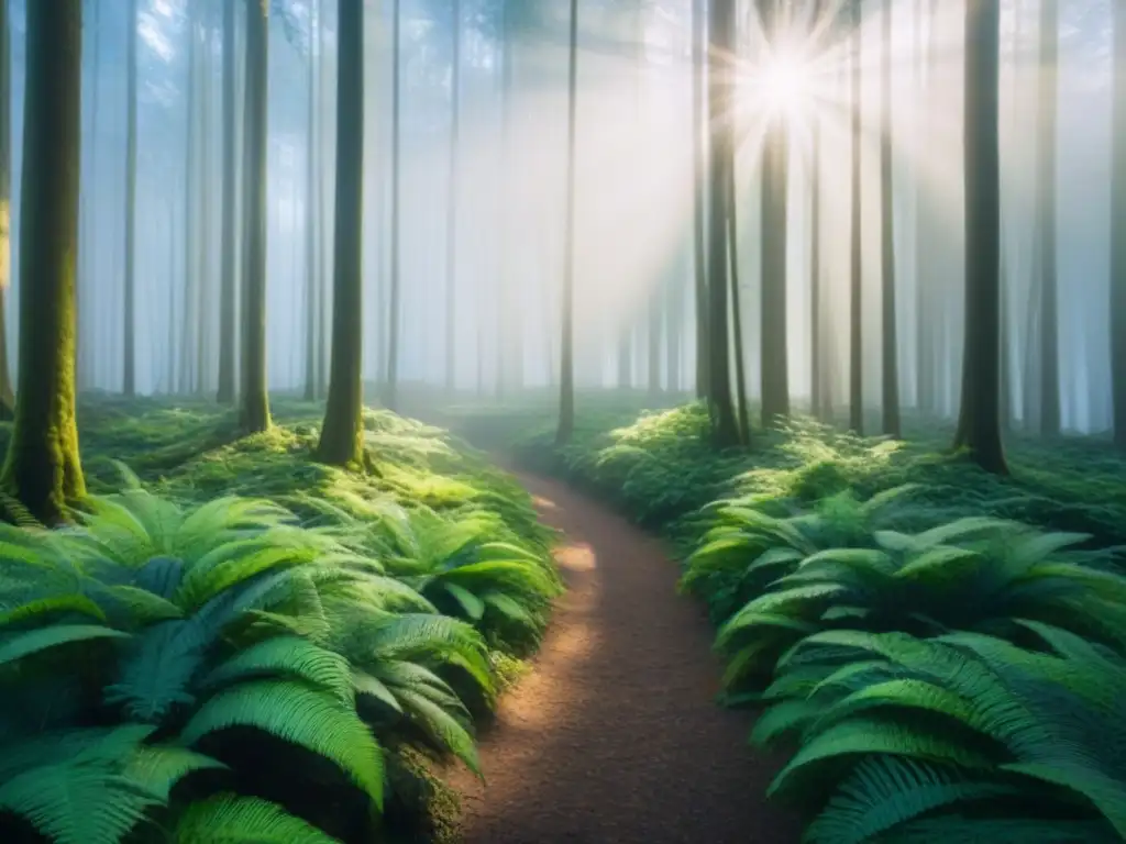 Un bosque verde exuberante con luz filtrándose entre las copas de los árboles, creando sombras en el suelo