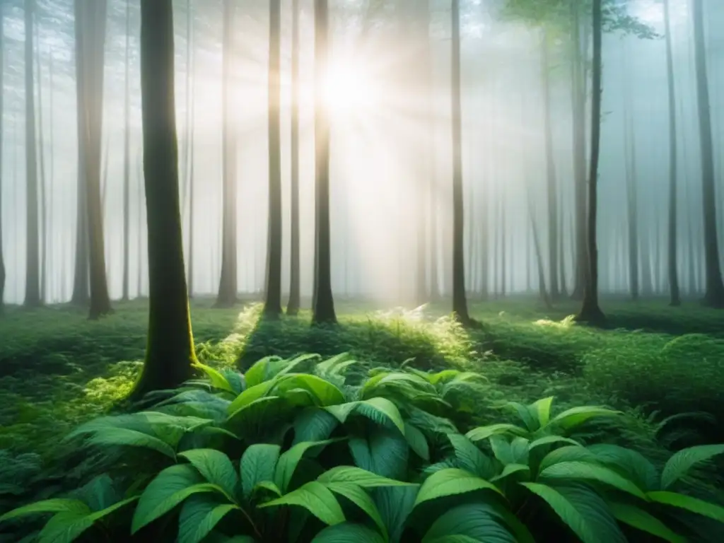 Bosque verde exuberante con luz solar filtrándose entre las hojas, reflejando la belleza y tranquilidad de la naturaleza