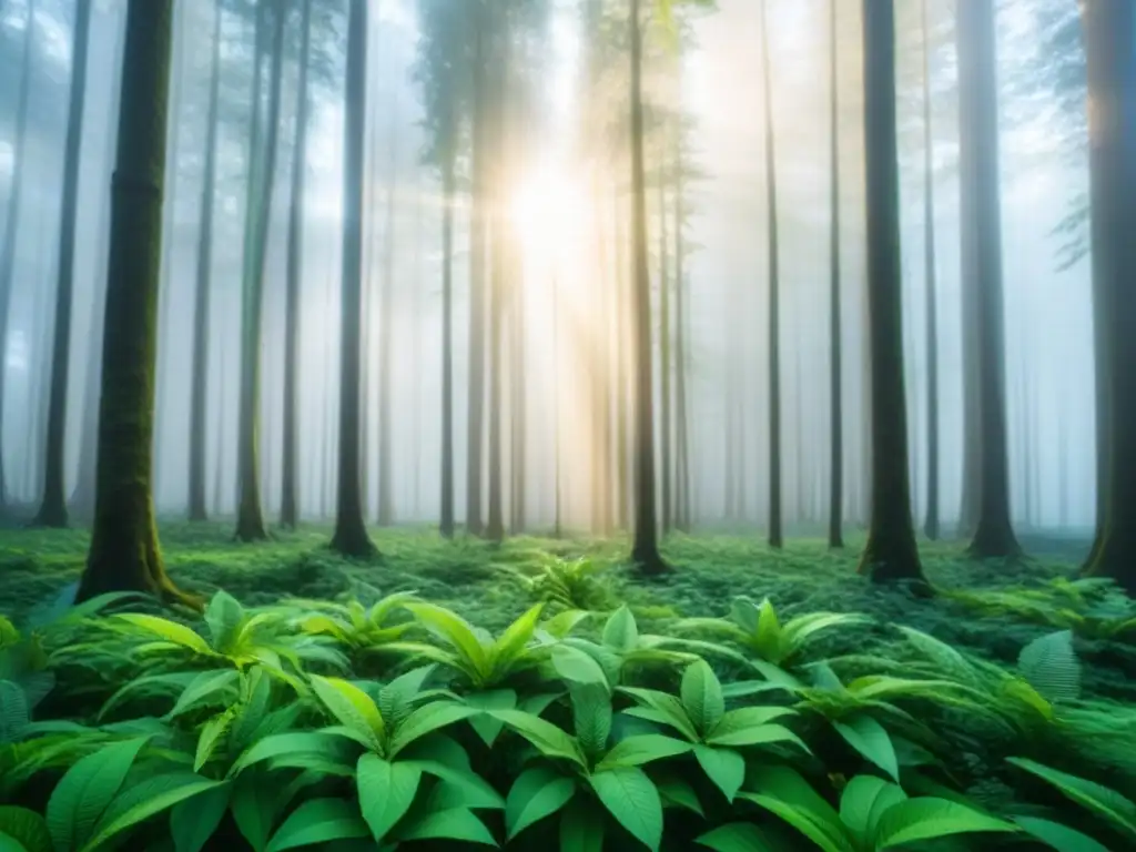 Bosque verde exuberante con luz solar entre hojas, conexión entre naturaleza y bienestar mental en podcasts sostenibilidad cambio