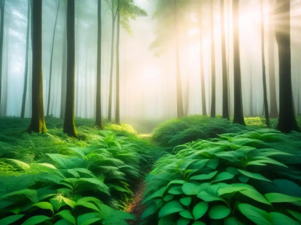 Un bosque verde exuberante con luz solar filtrándose entre las hojas, transmitiendo una atmósfera tranquila y sostenible