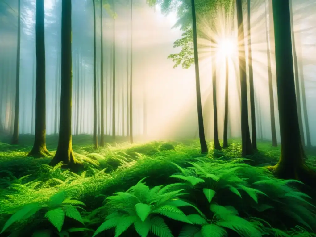 Bosque verde exuberante con luz solar entre hojas, inspiración de bonos verdes impacto mercado financiero