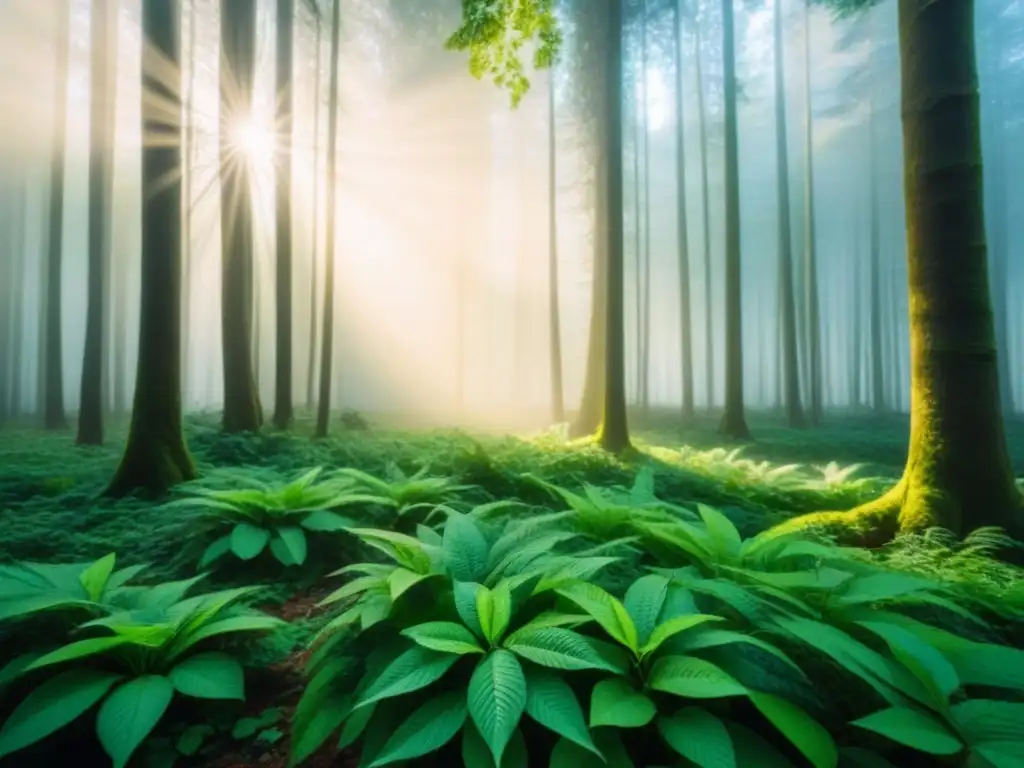 Bosque verde exuberante con luz solar filtrándose entre las hojas creando patrones de luz y sombra, ideal para bonos verdes impacto mercado financiero