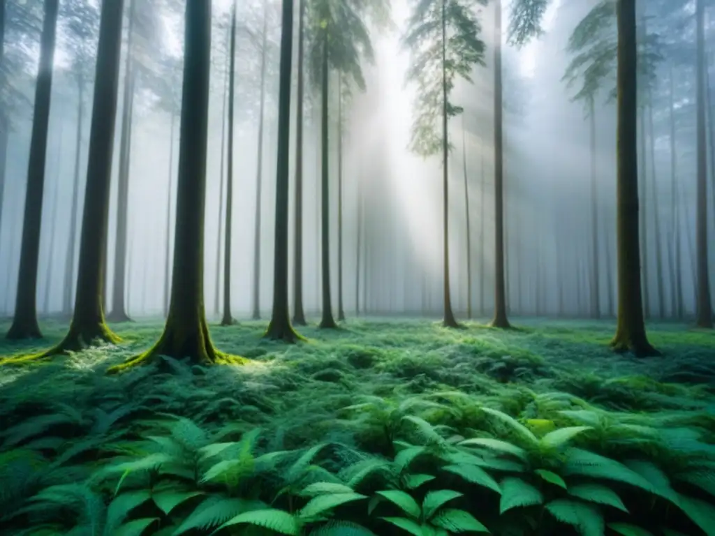 Bosque verde exuberante con luz solar filtrándose entre el dosel, creando patrones de luz y sombra en el suelo del bosque