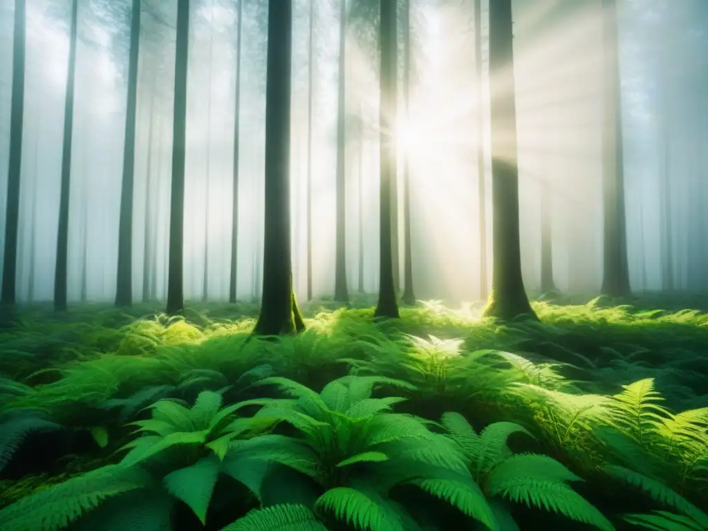 Un bosque verde exuberante con luz solar filtrándose entre las hojas, simbolizando finanzas climáticas y un estilo de vida sostenible