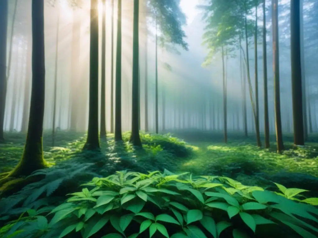 Bosque verde exuberante con luz solar filtrada, creando un escenario natural sereno y armonioso