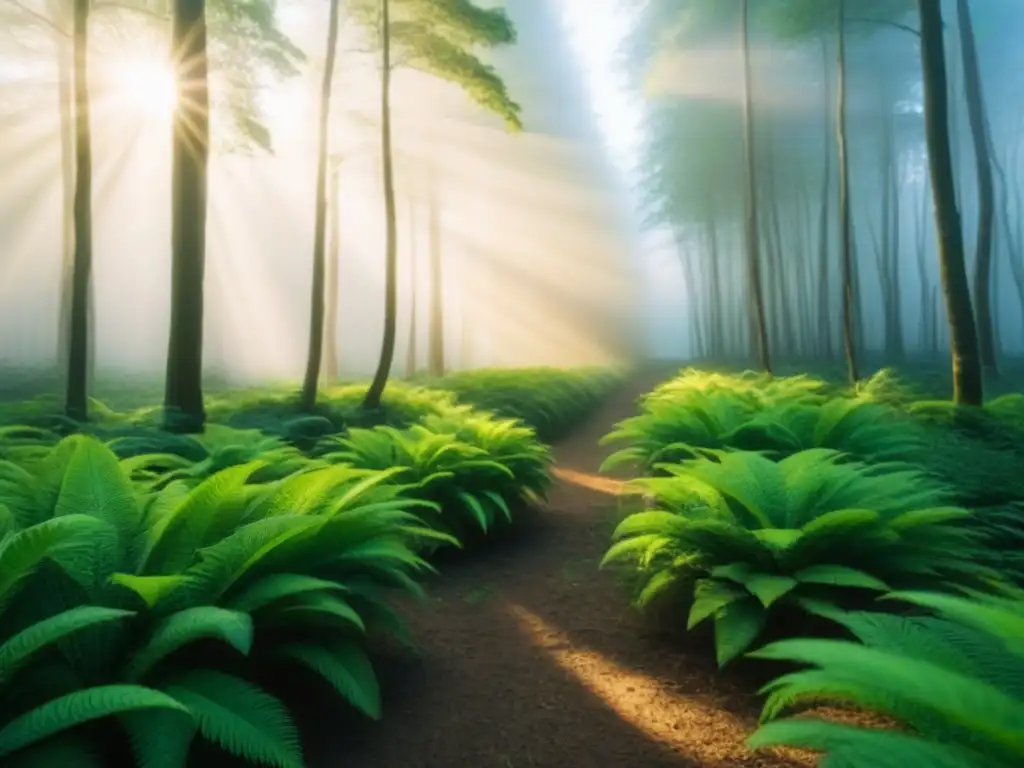 Un bosque verde exuberante con luz solar filtrándose entre las hojas, reflejando tranquilidad y sostenibilidad