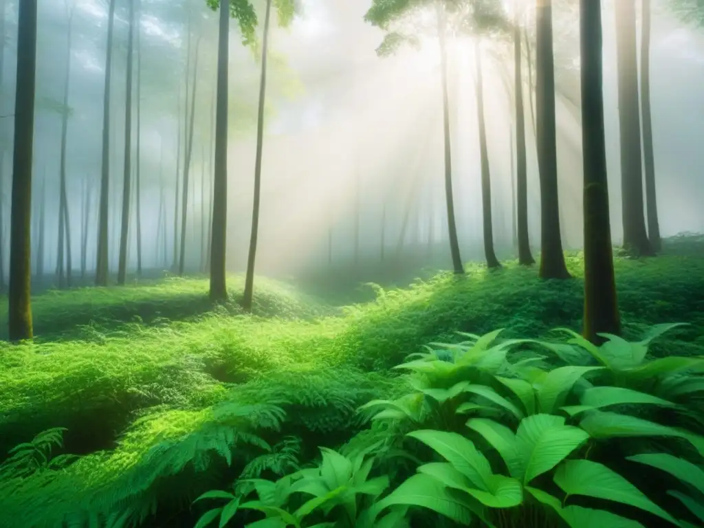 Un bosque verde exuberante con luz solar filtrándose entre las hojas, ideal para inversiones sostenibles para estilo de vida zero waste