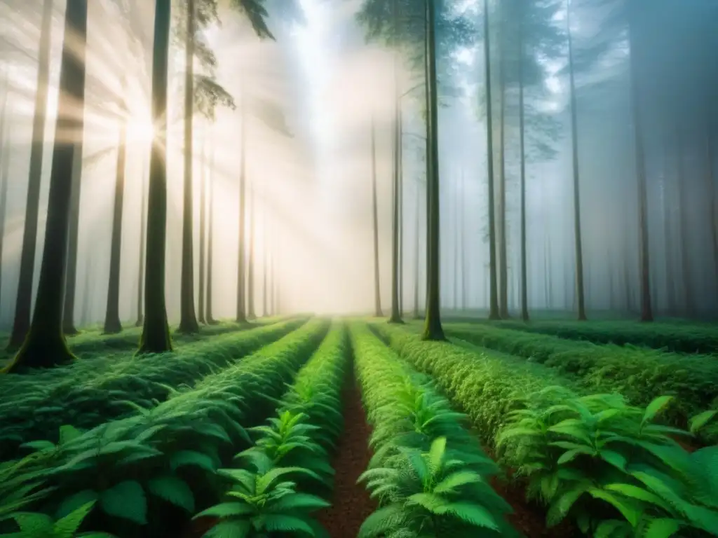 Bosque verde exuberante con luz solar filtrándose, resaltando la importancia de las finanzas climáticas para combatir el calentamiento