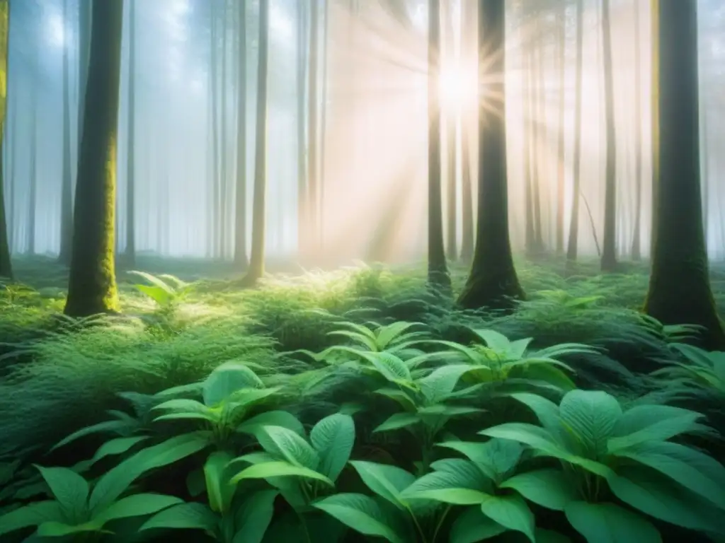 Un bosque verde exuberante con luz solar filtrándose entre las hojas, creando sombras suaves en el suelo