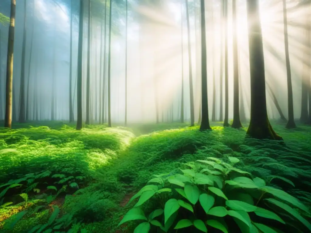 Un bosque verde exuberante con luz solar filtrándose entre el dosel, creando sombras moteadas en el suelo