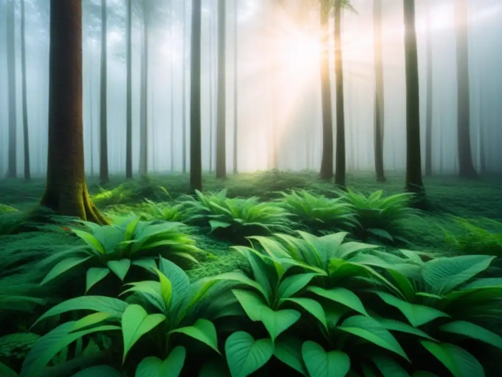 Un bosque verde exuberante con luz solar filtrándose entre las hojas, creando una atmósfera serena y ecológica