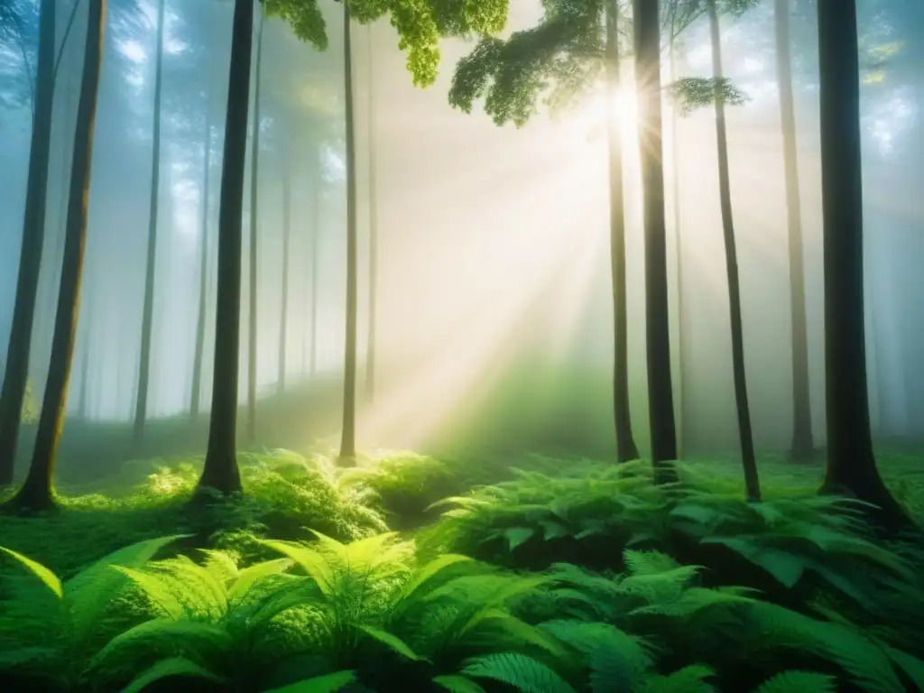 Un bosque verde exuberante con luz solar filtrándose, simbolizando crecimiento y resiliencia ante desafíos como los Bonos verdes y COVID19