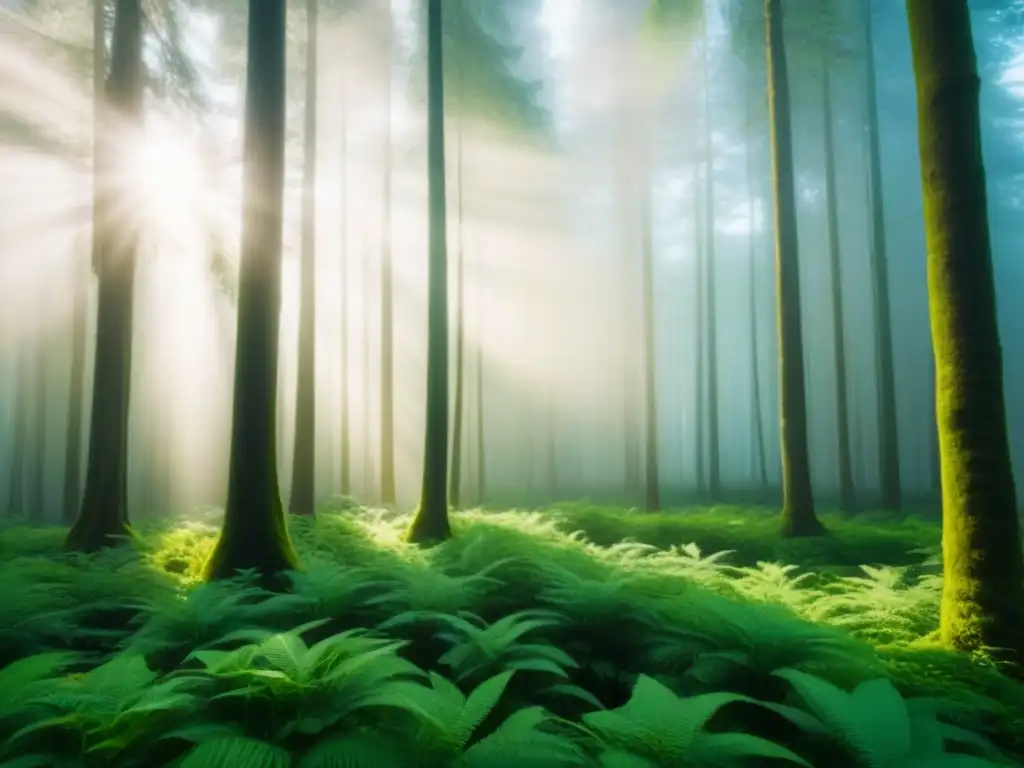 Un bosque verde exuberante con luz solar filtrándose entre las hojas, ideal para inversores en bonos verdes