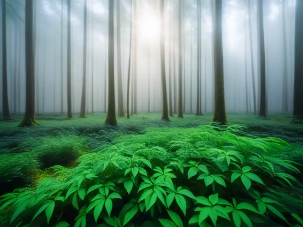 Bosque verde exuberante con luz solar filtrándose entre las hojas, creando patrones intrincados en el suelo