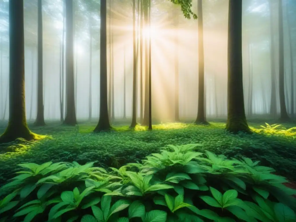 Un bosque verde exuberante con luz solar filtrándose entre las hojas, proyectando sombras