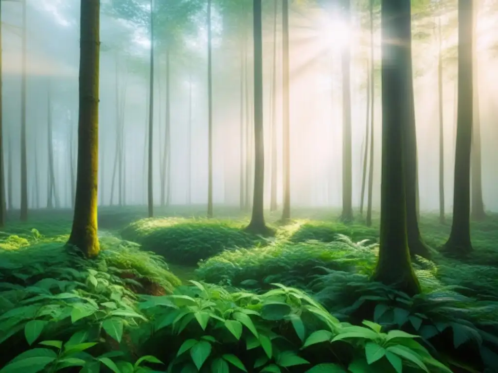 Un bosque verde exuberante con luz solar filtrándose entre las hojas, ideal para los mejores festivales de cine ambiental 2022