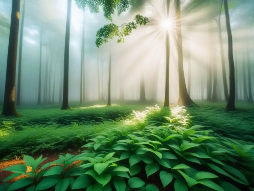 Un bosque verde exuberante con luz solar filtrándose entre las hojas, proyectando sombras en el suelo