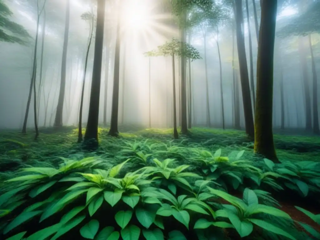 Un bosque verde exuberante con luz solar filtrándose entre las hojas, transmitiendo una atmósfera de serenidad y sostenibilidad