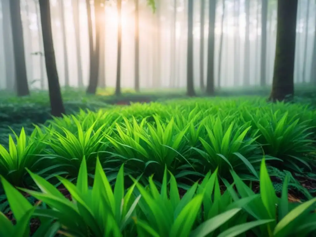 Bosque verde exuberante con luz solar filtrando entre las hojas, creando sombras