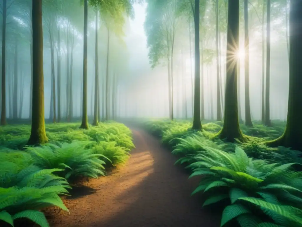 Bosque verde exuberante con luz solar filtrándose a través del dosel, creando una atmósfera serena