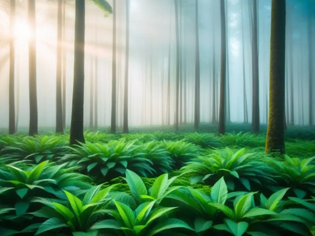 Un bosque verde exuberante con luz solar filtrándose entre las hojas, ideal para inversores en bonos verdes