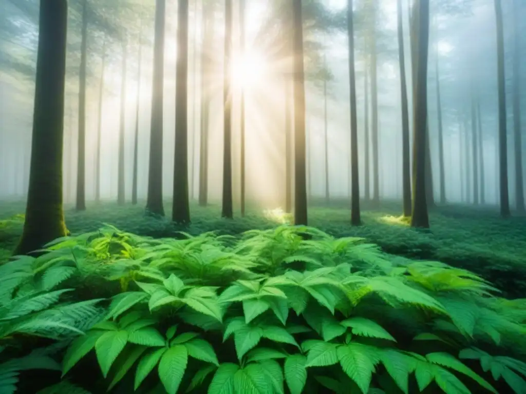 Un bosque verde exuberante con luz solar filtrándose entre las hojas, ideal para inversores en bonos verdes