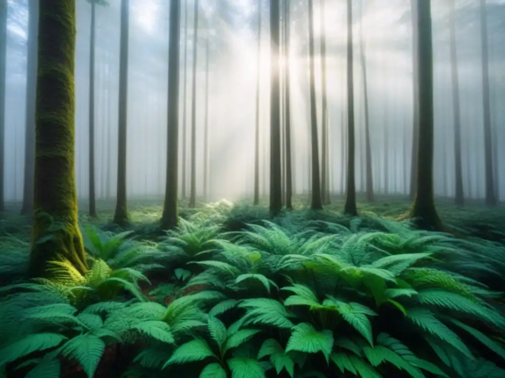 Un bosque verde exuberante con luz filtrándose a través del dosel, creando patrones de luz y sombra en el suelo