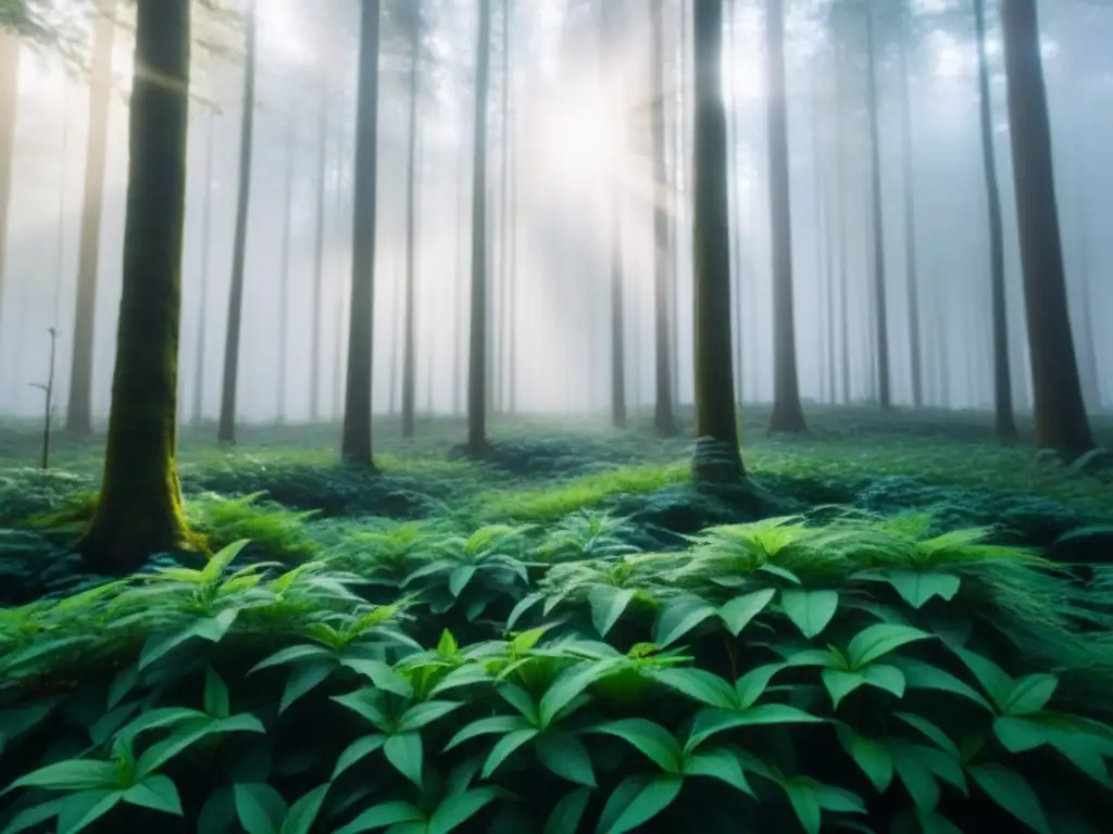 Un bosque verde exuberante con luz solar filtrándose entre las hojas, reflejando la importancia de los bonos verdes sostenibles