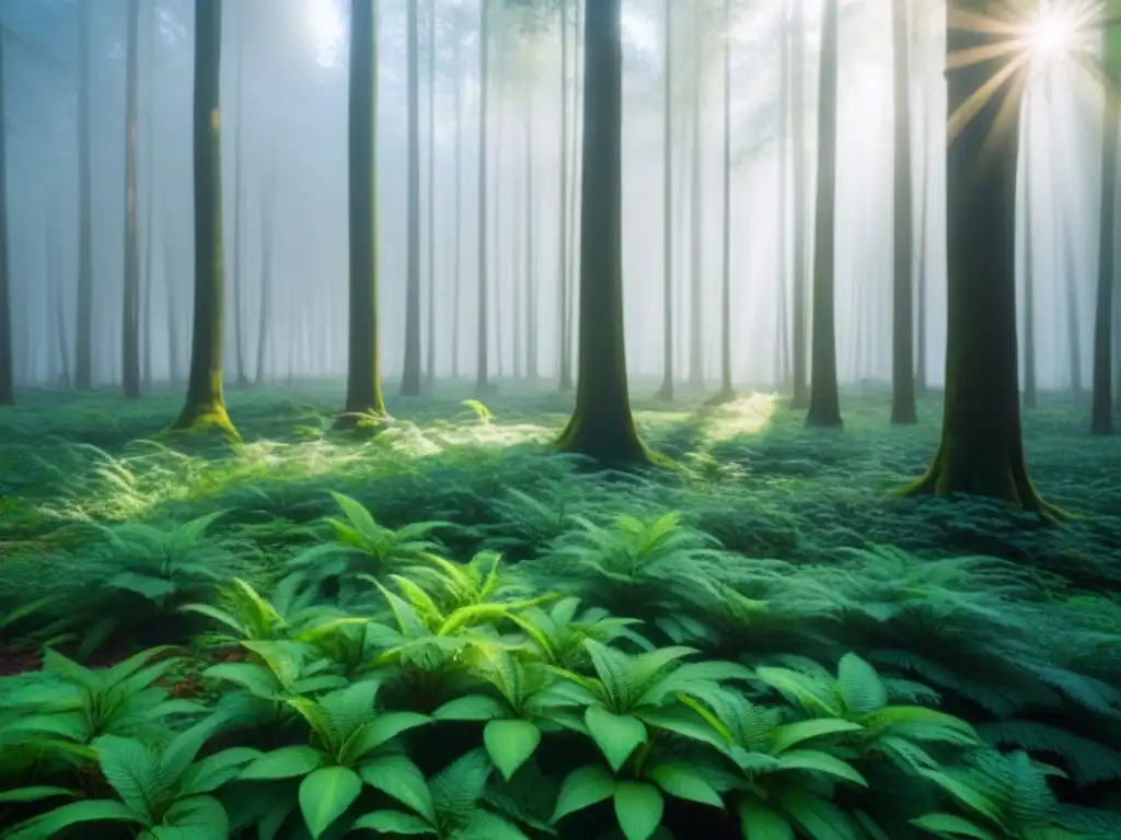 Bosque verde exuberante con luz solar filtrándose entre el dosel, creando sombras en el suelo