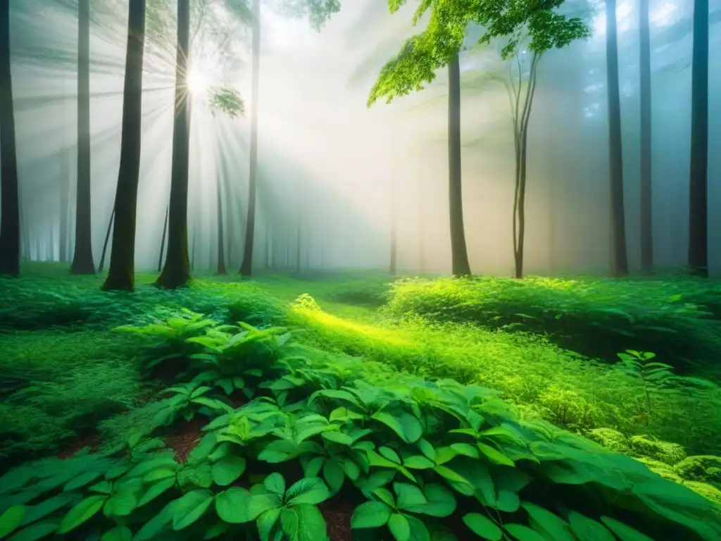 Un bosque verde exuberante con luz solar filtrándose entre las hojas, creando sombras moteadas en el suelo