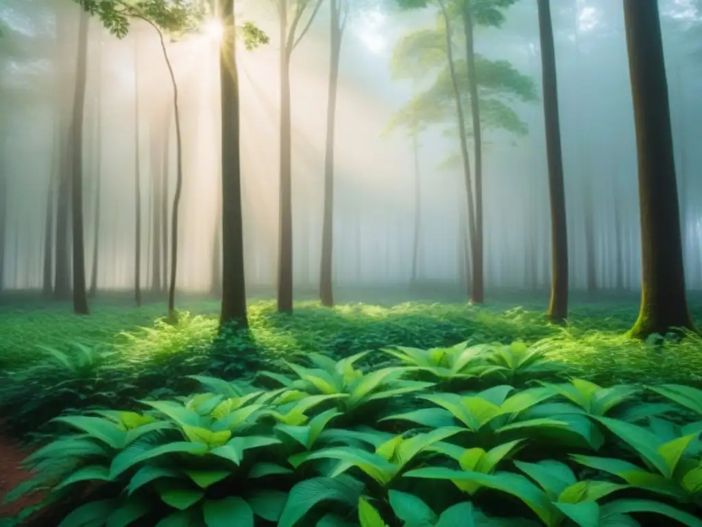 Un bosque verde exuberante con luz solar filtrándose entre las hojas, creando sombras moteadas en el suelo