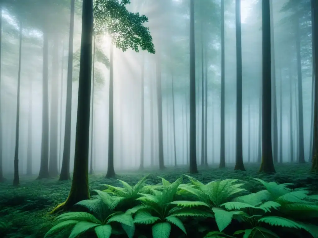 Bosque verde exuberante con luz solar filtrándose entre las hojas, reflejando la belleza y sostenibilidad de la inversión responsable en bonos verdes