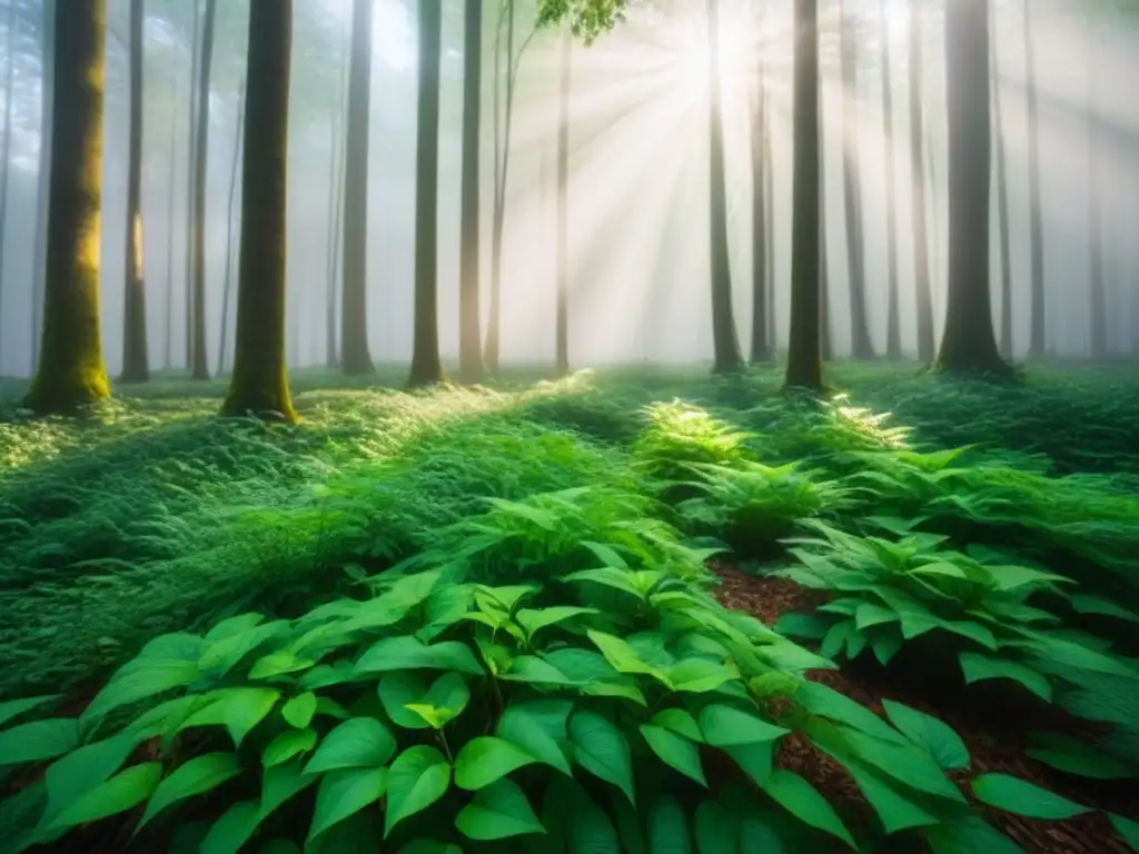 Un bosque verde exuberante con luz solar filtrándose entre las hojas, creando sombras en el suelo