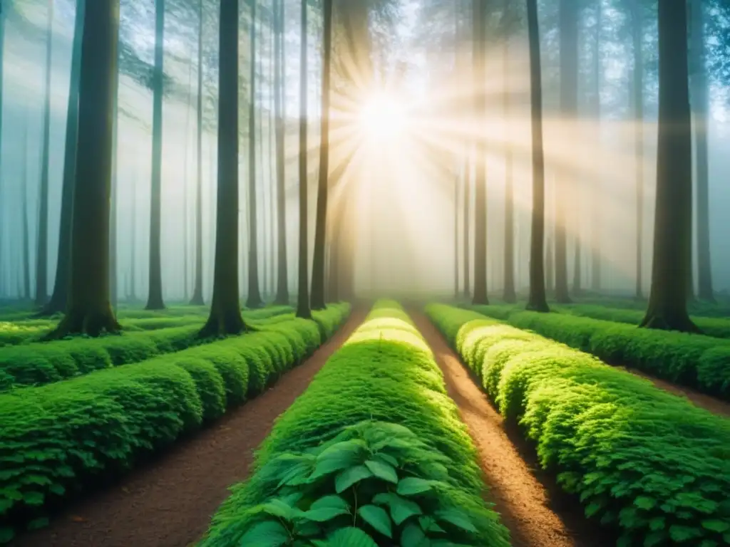 Un bosque verde exuberante con luz solar filtrándose entre las hojas, creando sombras moteadas en el suelo