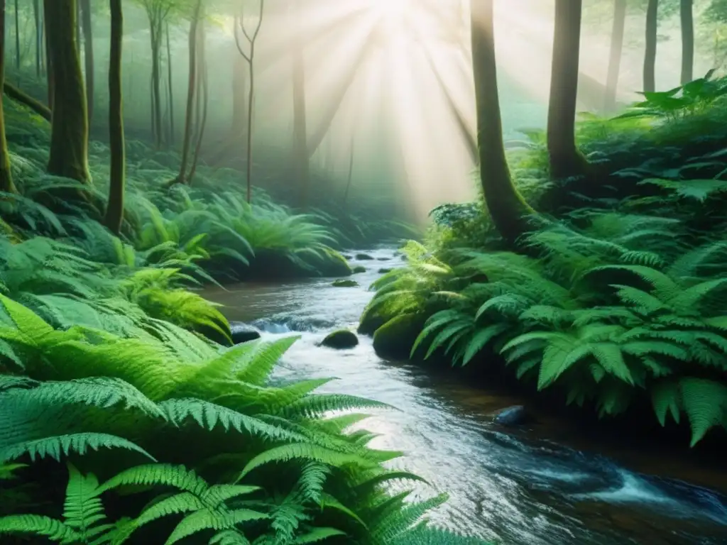 Bosque verde exuberante con luz filtrada y sombras: inversión sostenible en naturaleza